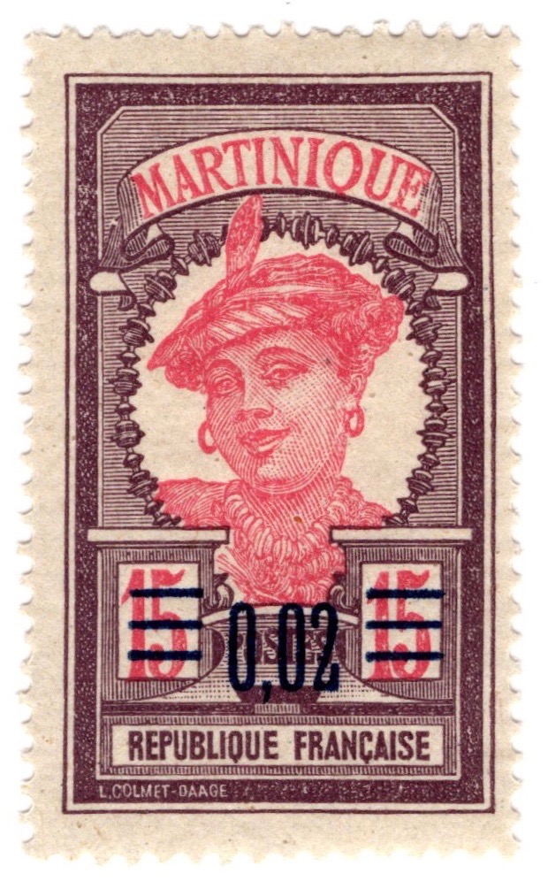 Martinique 1922 15c stamp with 0.02 overprinted surcharge
