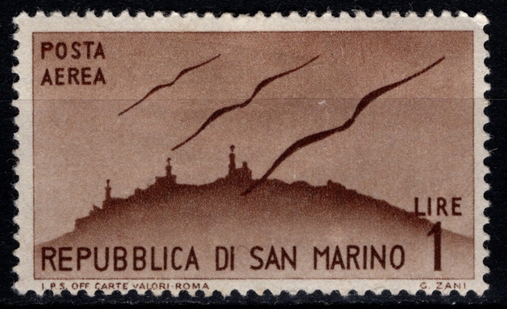 San Marino 1946 1l stamp featuring wings over a representation of Mount Titano and the three towers 