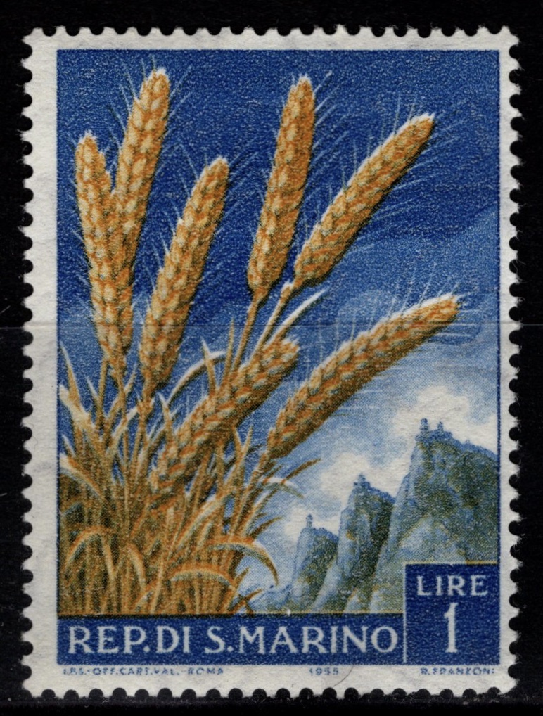 San Marino 1958 1l stamp featuring wheat against a backdrop of Mount Titano