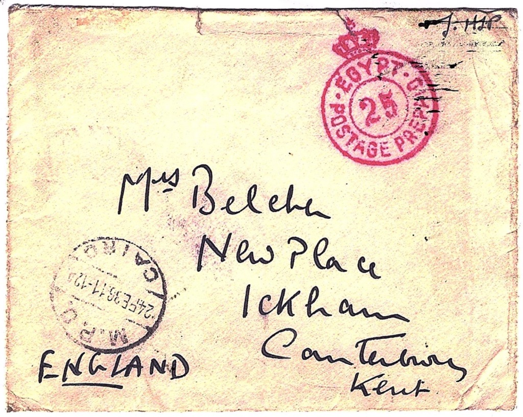 Envelope for letter sent from Cairo, Egypt to Canterbury, England in 1936