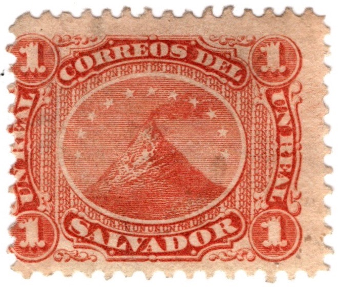 El Salvador 1867 Issue, San Miguel volcano, 1r stamp