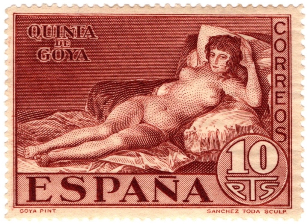 Spain 1930 10p stamp featuring The Naked Maja by Goya